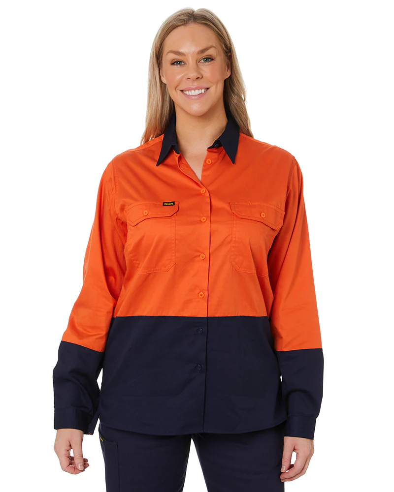 Womens Hi Vis Cool Lightweight LS Drill Shirt - Orange/Navy - Image 7