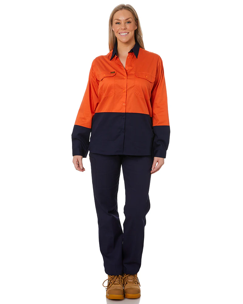 Womens Hi Vis Cool Lightweight LS Drill Shirt - Orange/Navy - Image 8