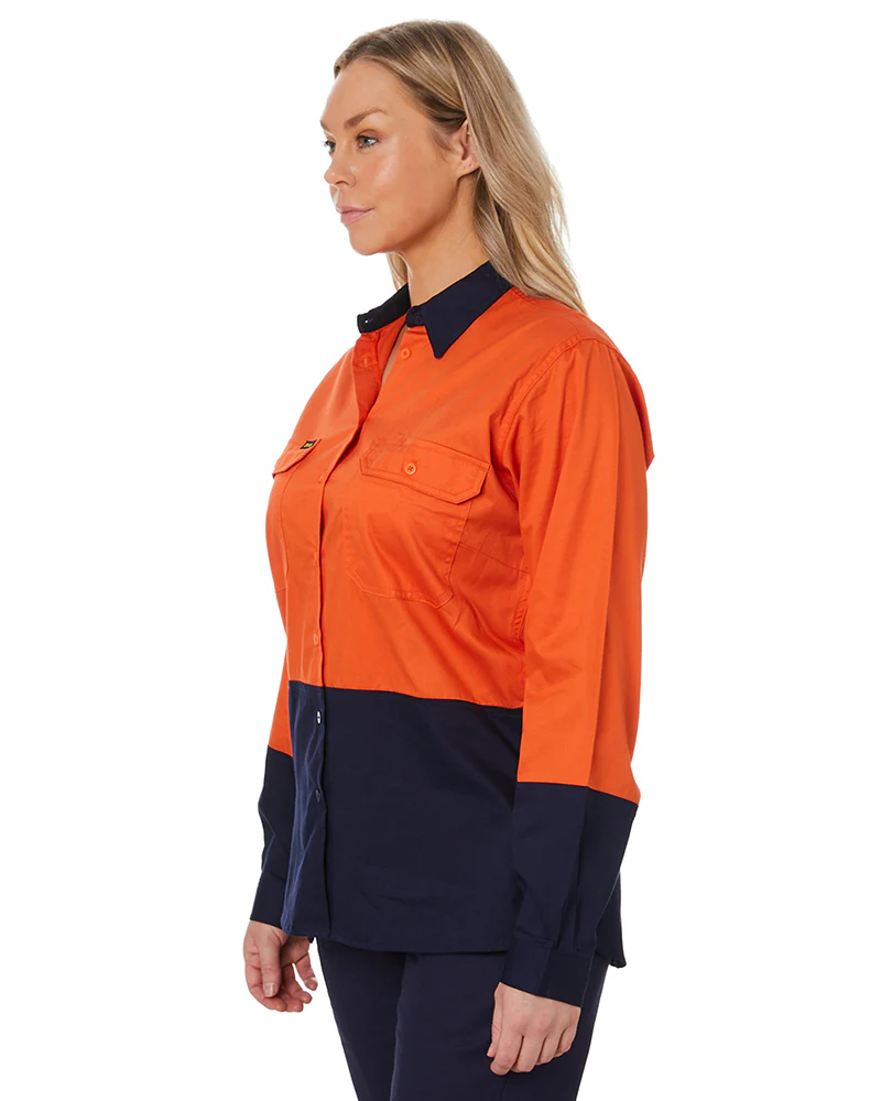 Womens Hi Vis Cool Lightweight LS Drill Shirt - Orange/Navy - Image 9