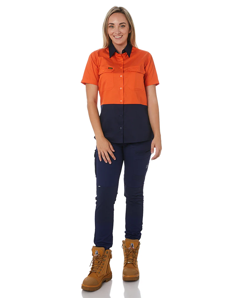Womens Hi Vis Cool Lightweight SS Drill Shirt - Orange/Navy - Image 2