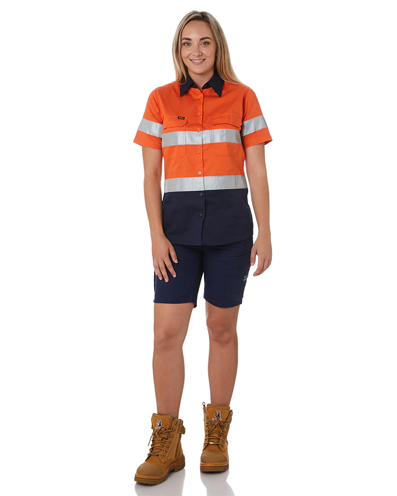 Womens Hi Vis Cool Lightweight SS Shirt with Tape - Orange/Navy - Image 2