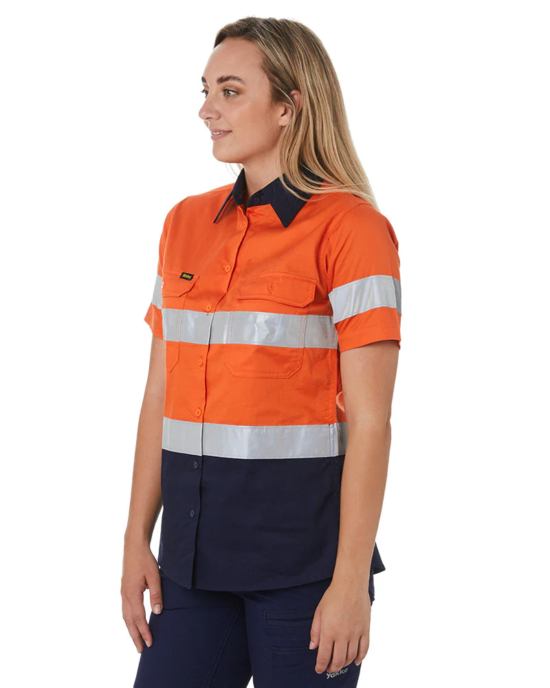 Womens Hi Vis Cool Lightweight SS Shirt with Tape - Orange/Navy - Image 3