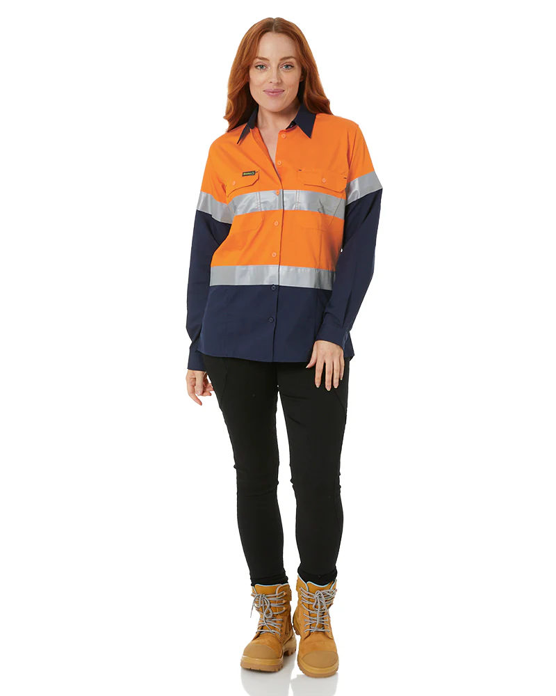 Womens Hi Vis Taped Recycled LS Drill Shirt - Orange/Navy - Image 2