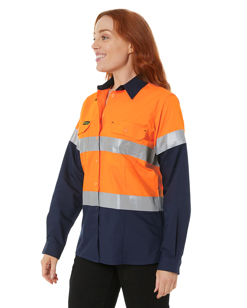 Womens Hi Vis Taped Recycled LS Drill Shirt - Orange/Navy - Image 3