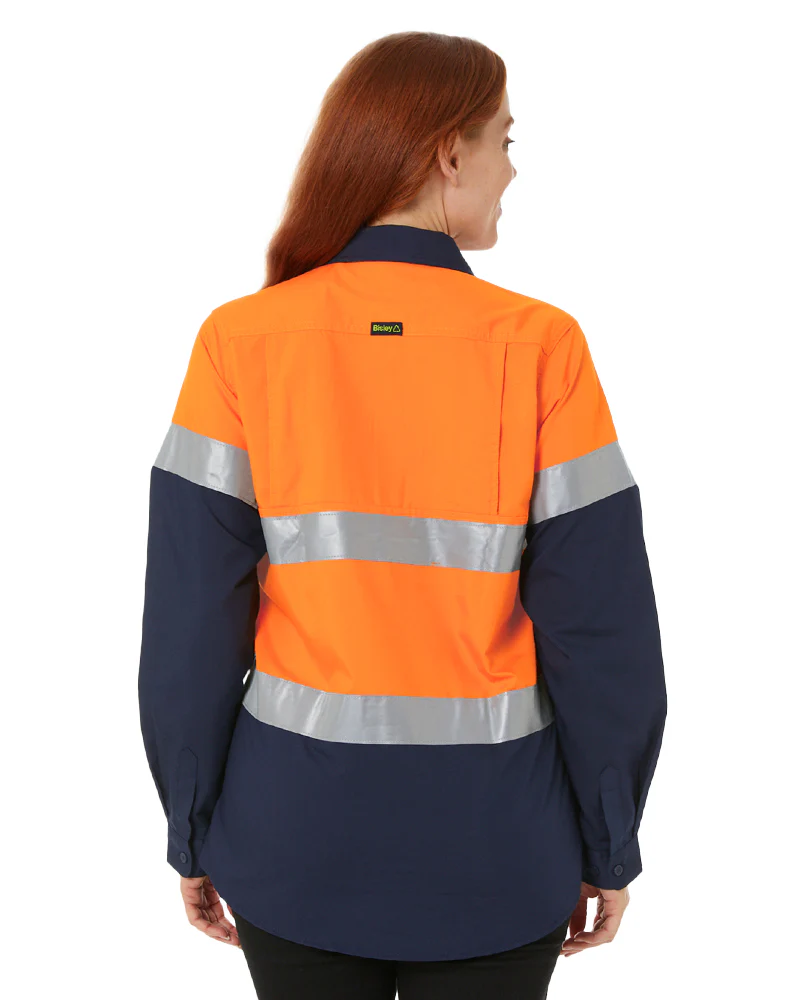 Womens Hi Vis Taped Recycled LS Drill Shirt - Orange/Navy - Image 4
