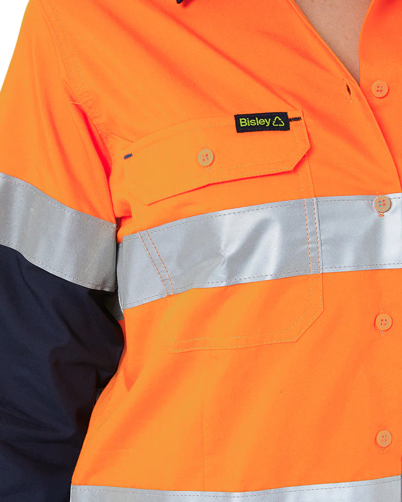 Womens Hi Vis Taped Recycled LS Drill Shirt - Orange/Navy - Image 5