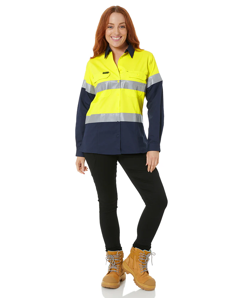 Womens Hi Vis Taped Recycled LS Drill Shirt - Yellow/Navy - Image 2
