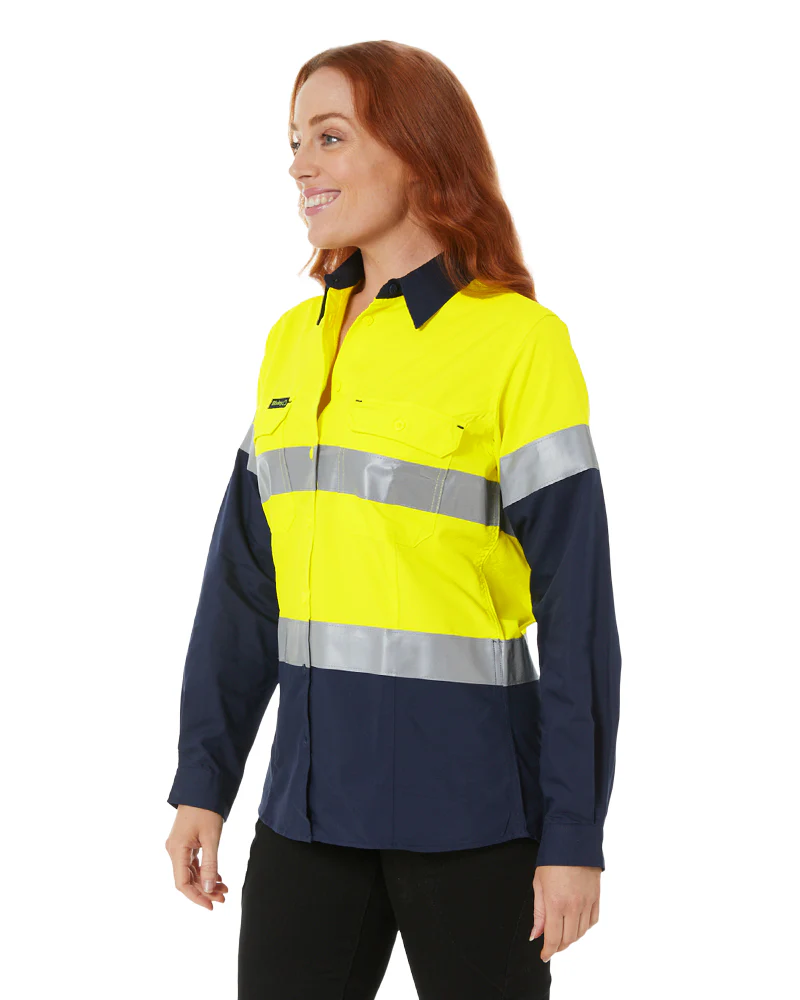 Womens Hi Vis Taped Recycled LS Drill Shirt - Yellow/Navy - Image 3