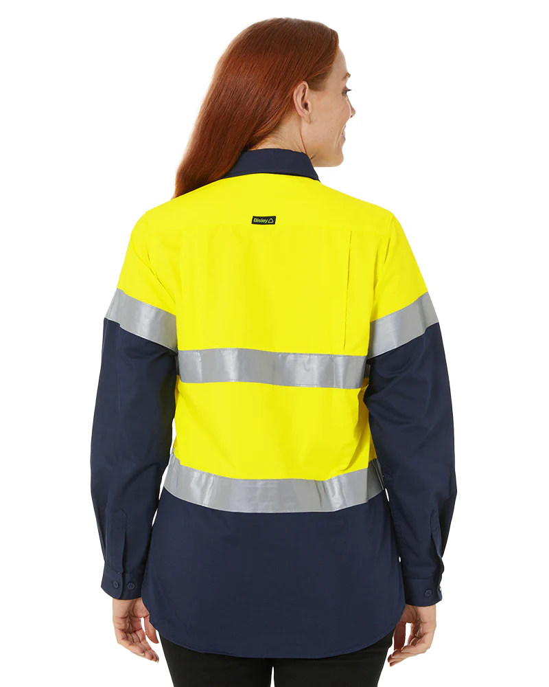 Womens Hi Vis Taped Recycled LS Drill Shirt - Yellow/Navy - Image 4