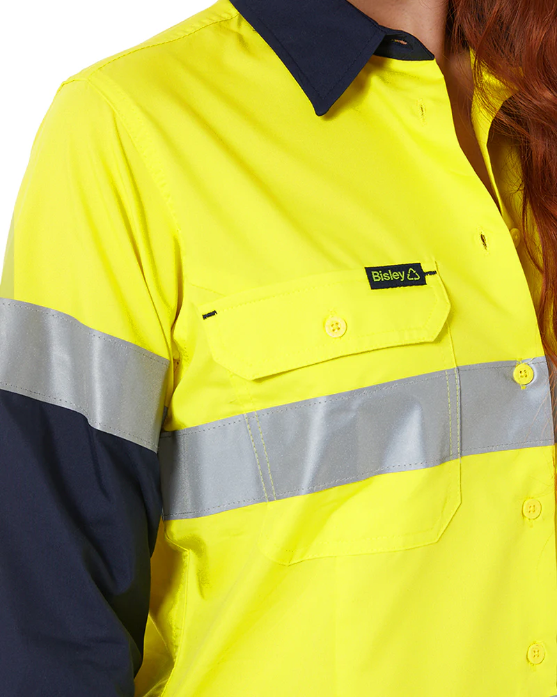 Womens Hi Vis Taped Recycled LS Drill Shirt - Yellow/Navy - Image 5