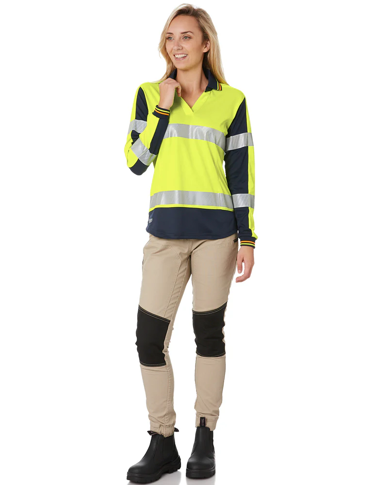 Womens L/S Taped Hi Vis V-Neck Polo - Yellow/Navy - Image 2