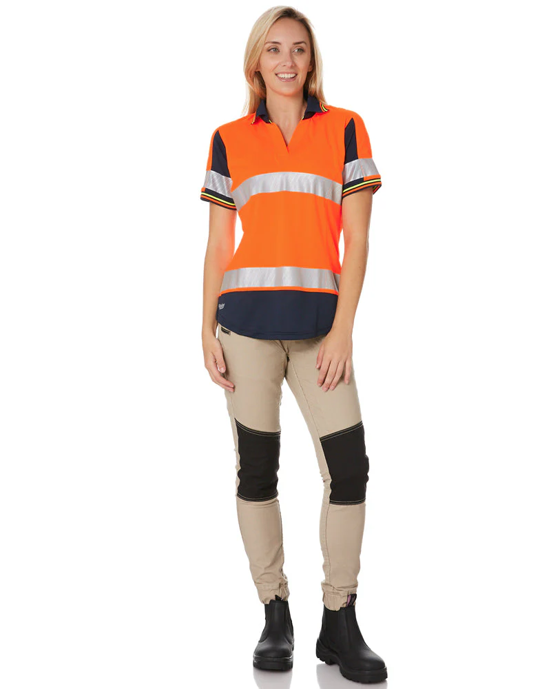 Womens SS Taped Hi Vis V-Neck Polo - Orange/Navy - Image 2