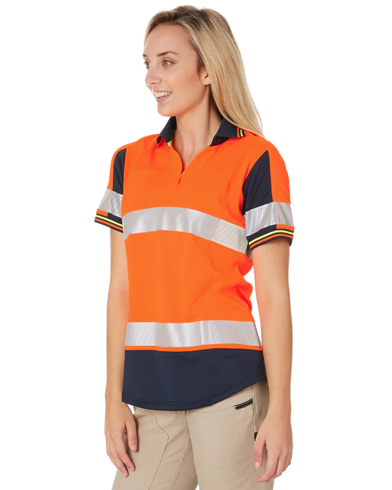 Womens SS Taped Hi Vis V-Neck Polo - Orange/Navy - Image 3