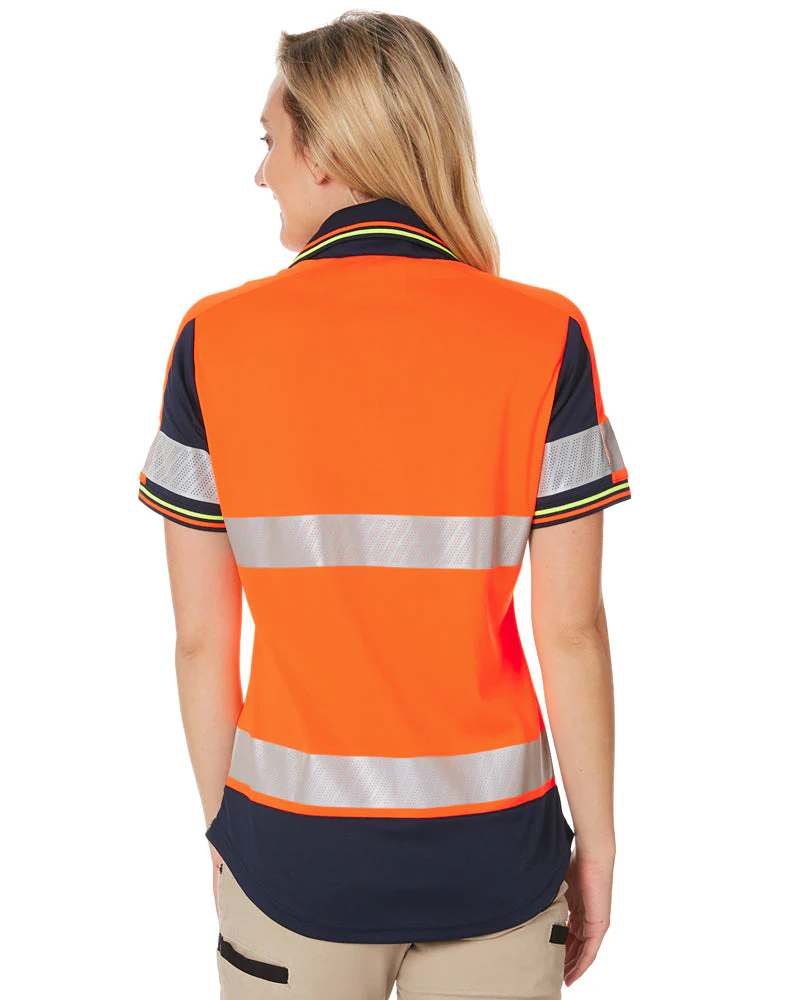 Womens SS Taped Hi Vis V-Neck Polo - Orange/Navy - Image 4