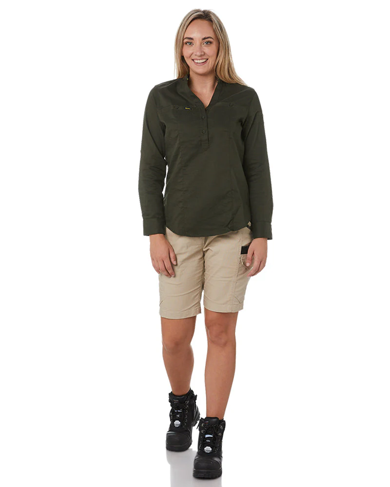 Womens Stretch V-Neck Closed Front Shirt - Olive - Image 2