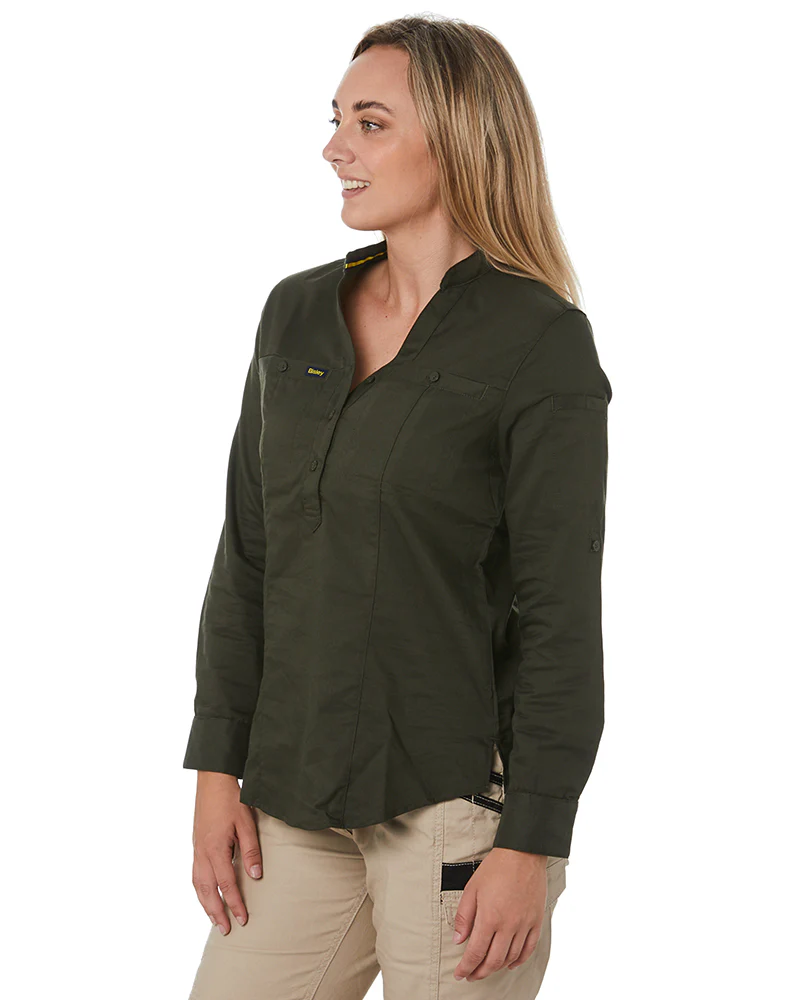 Womens Stretch V-Neck Closed Front Shirt - Olive - Image 3