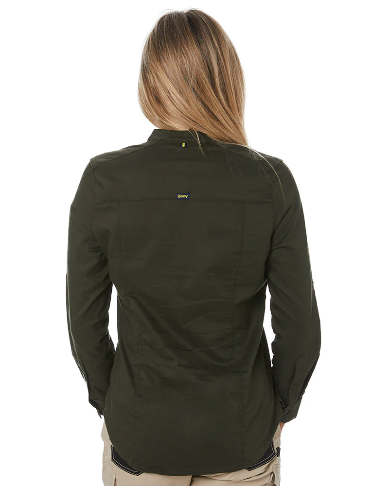 Womens Stretch V-Neck Closed Front Shirt - Olive - Image 4