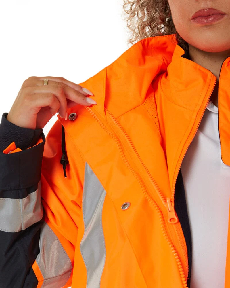 Womens Taped Hi Vis 5 In 1 Rain Jacket - Orange/Navy - Image 4