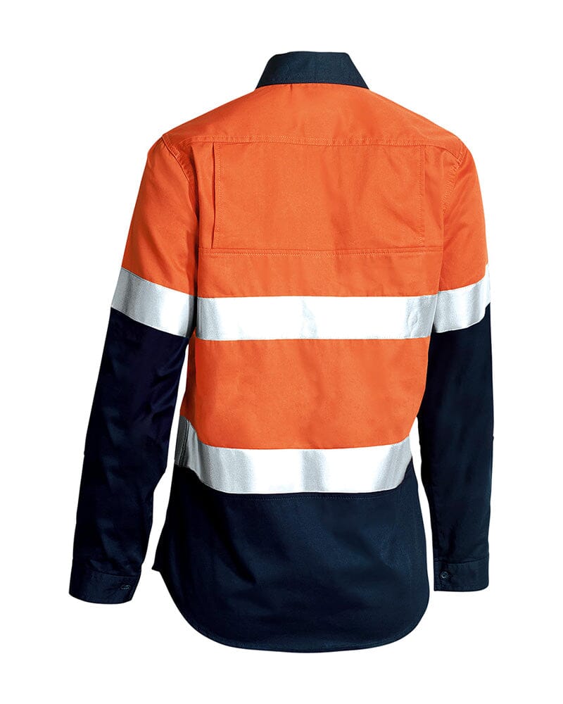 Womens Taped Hi Vis Cool Lightweight LS Drill Shirt - Orange/Navy - Image 2
