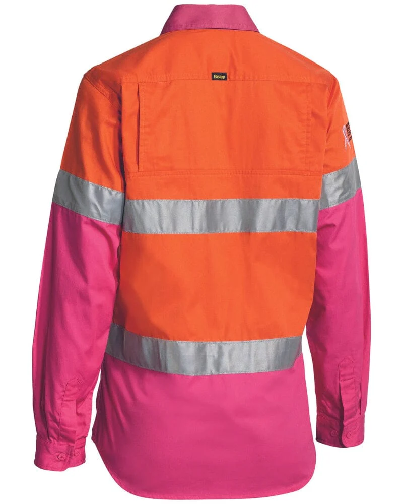 Womens Taped Hi Vis Cool Lightweight LS Drill Shirt - Orange/Pink - Image 2