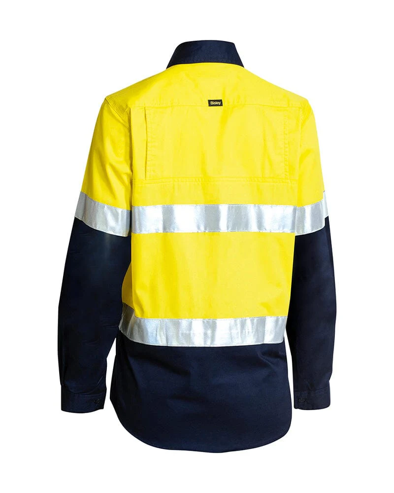 Womens Taped Hi Vis Cool Lightweight LS Drill Shirt - Yellow/Navy - Image 2