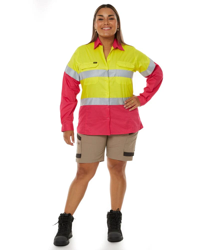 Womens Taped Hi Vis Cool Lightweight LS Drill Shirt - Yellow/Pink - Image 2