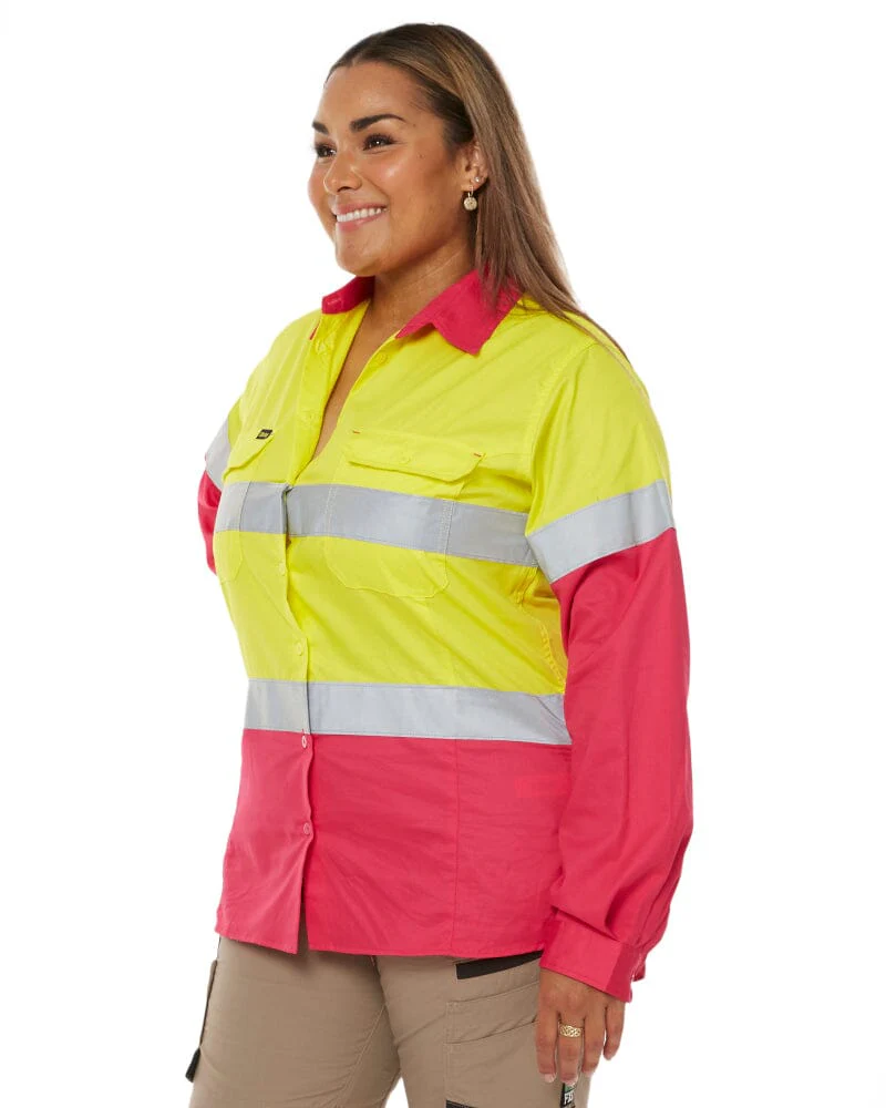 Womens Taped Hi Vis Cool Lightweight LS Drill Shirt - Yellow/Pink - Image 3