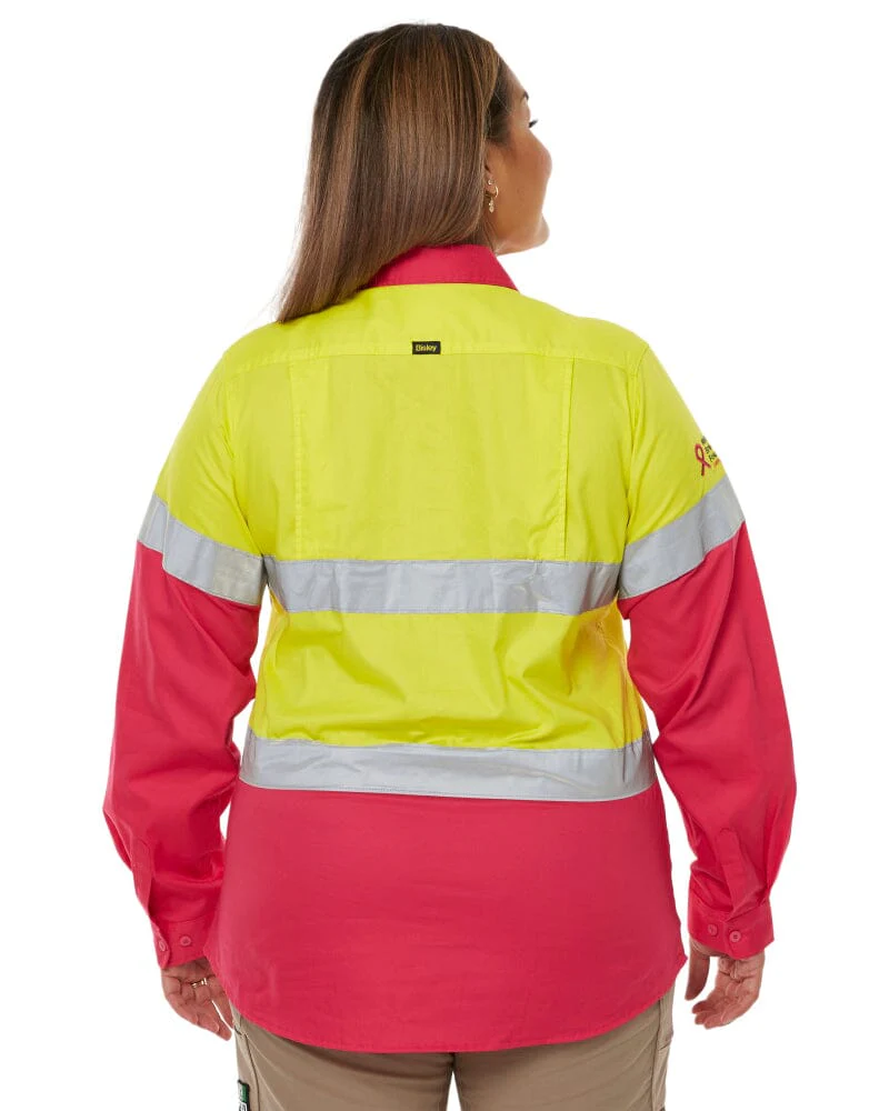 Womens Taped Hi Vis Cool Lightweight LS Drill Shirt - Yellow/Pink - Image 4