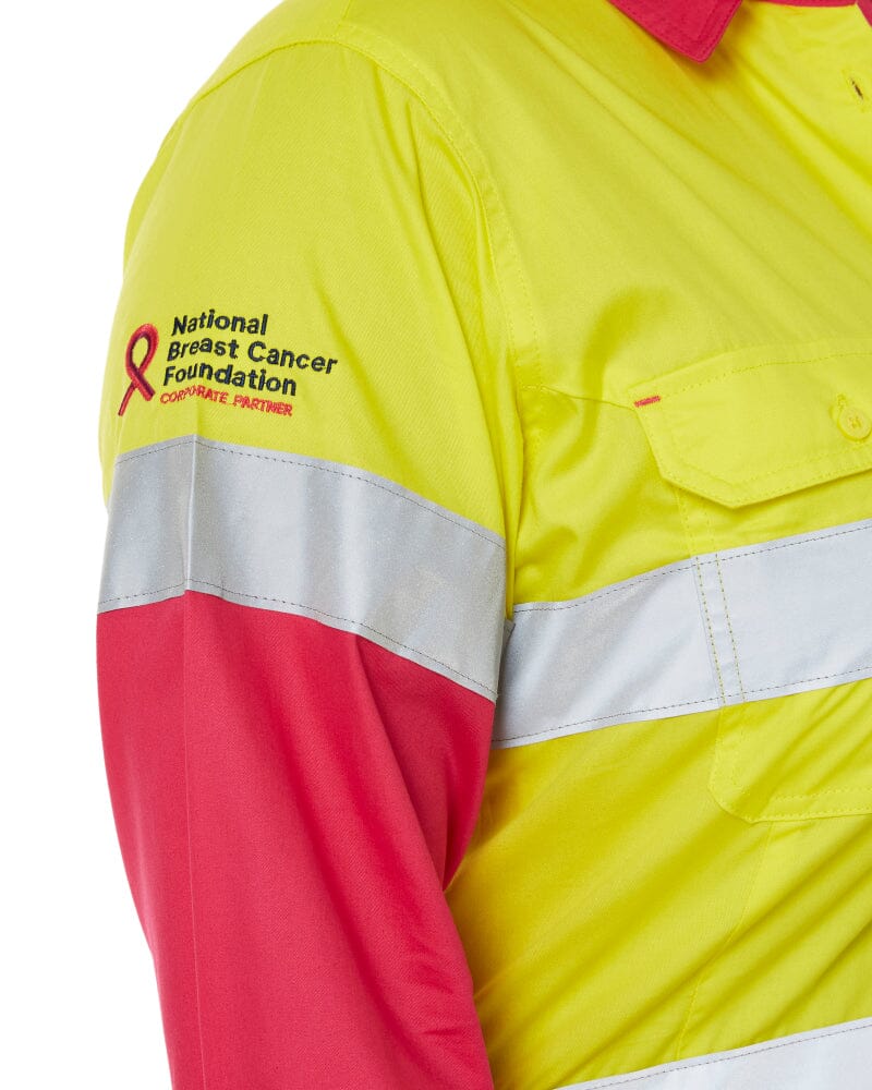 Womens Taped Hi Vis Cool Lightweight LS Drill Shirt - Yellow/Pink - Image 5
