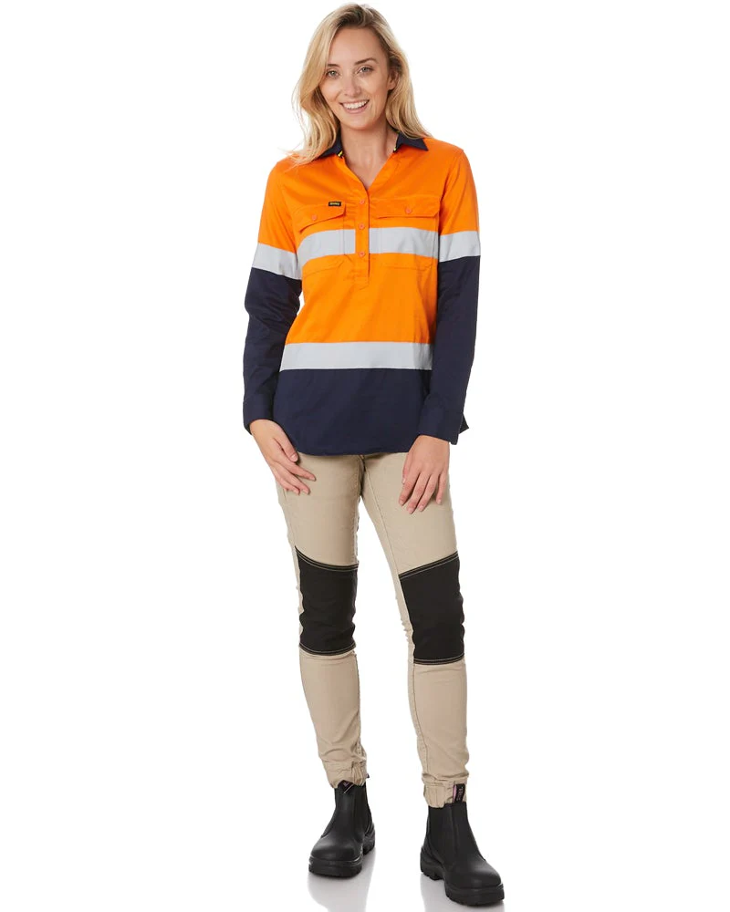 Womens Taped Hi Vis Stretch V-Neck Shirt - Orange/Navy - Image 2