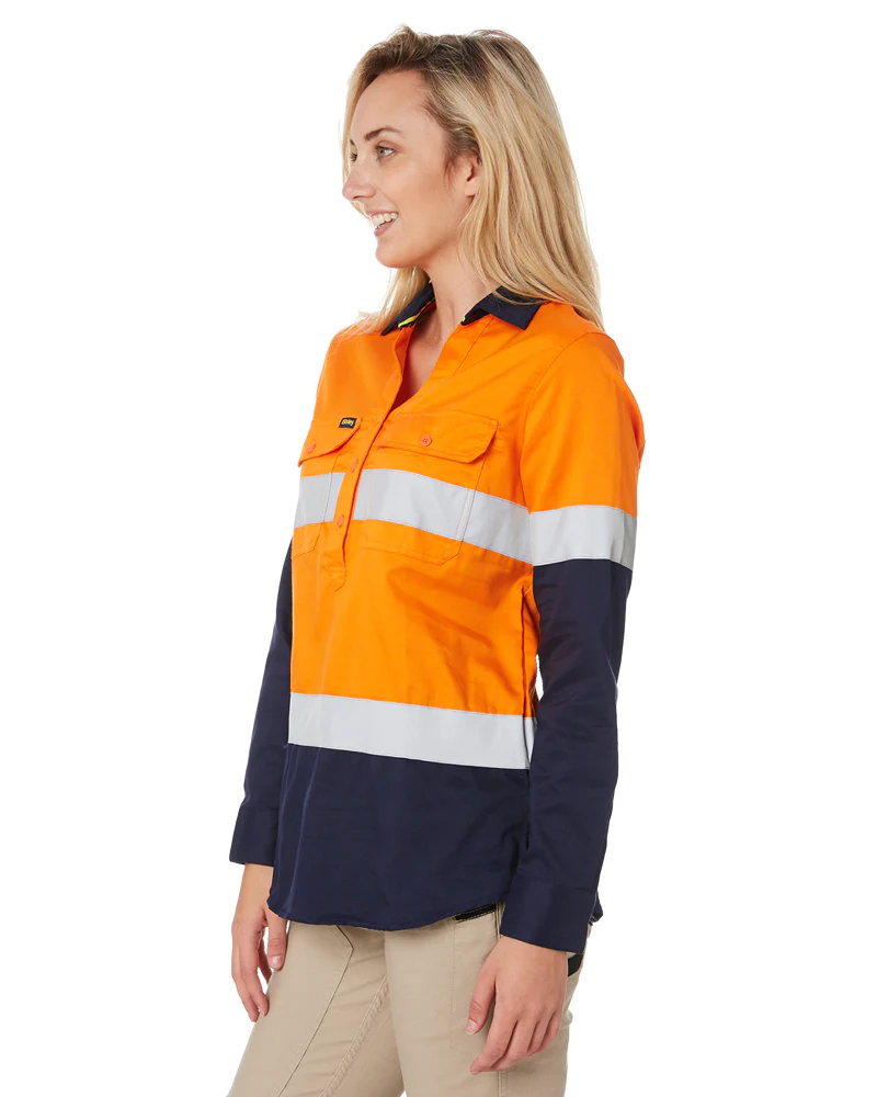 Womens Taped Hi Vis Stretch V-Neck Shirt - Orange/Navy - Image 3