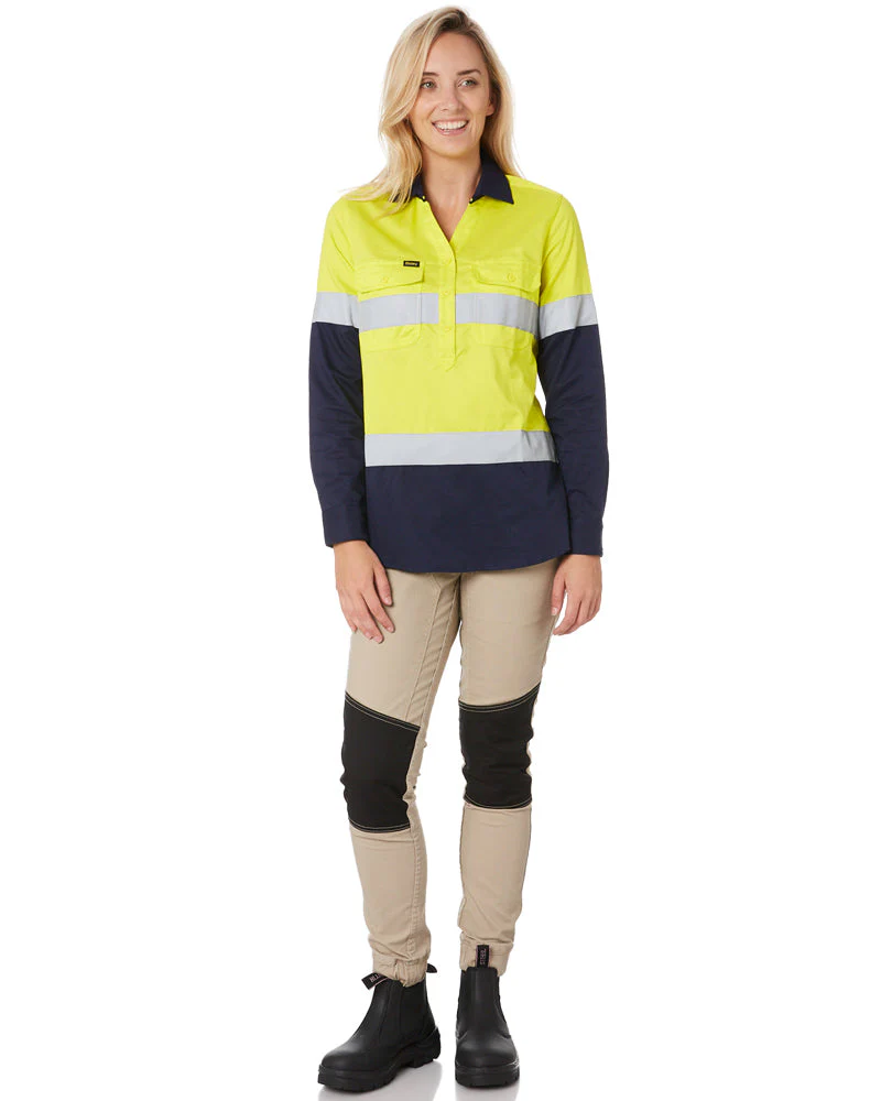 Womens Taped Hi Vis Stretch V-Neck Shirt - Yellow/Navy - Image 2