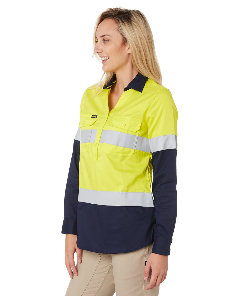 Womens Taped Hi Vis Stretch V-Neck Shirt - Yellow/Navy - Image 3