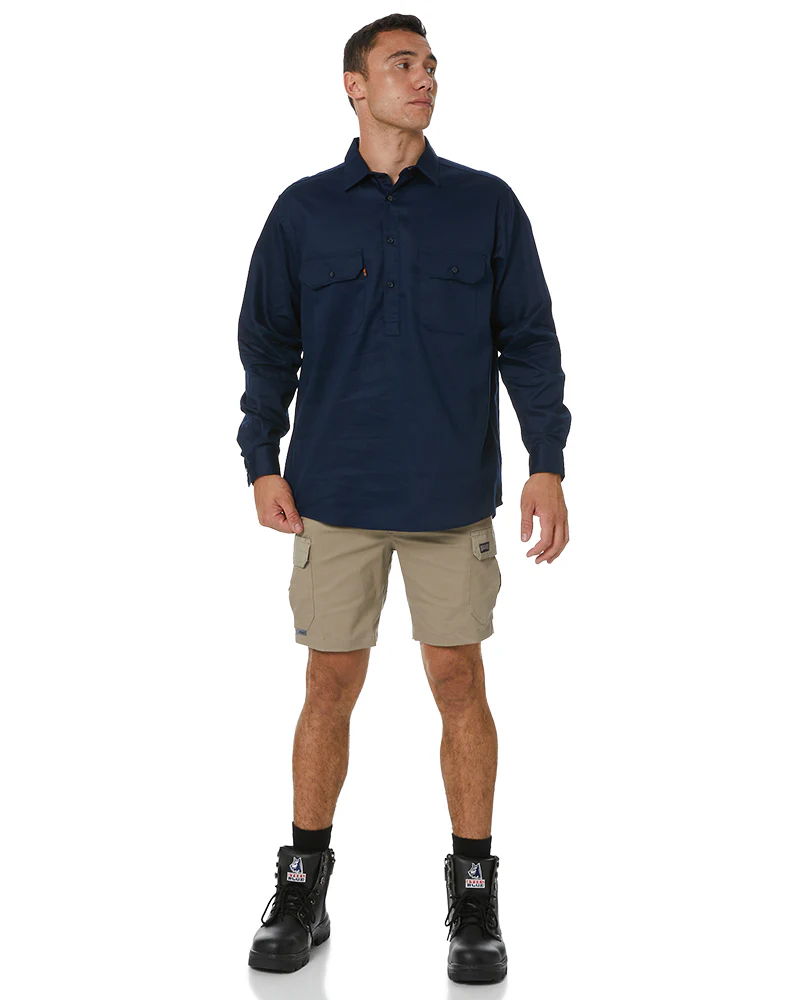 Closed Front Cotton Drill Shirt Long Sleeve - Navy - Image 2