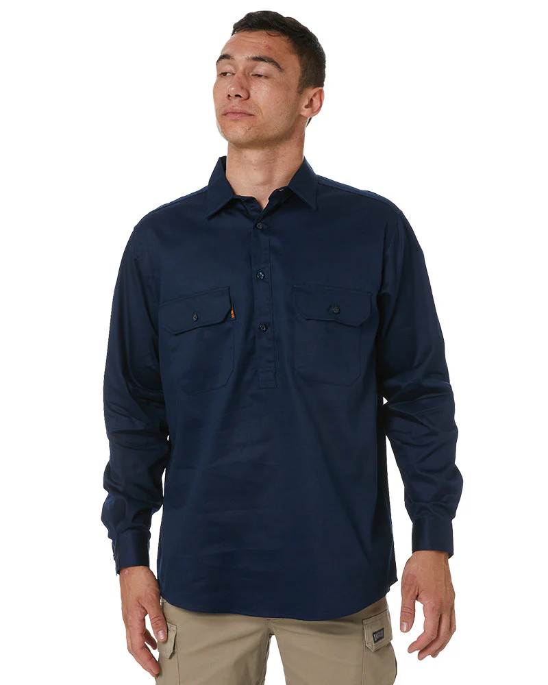 Closed Front Cotton Drill Shirt Long Sleeve - Navy - Image 3