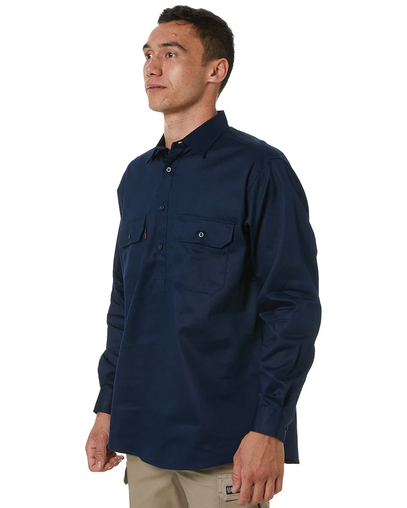 Closed Front Cotton Drill Shirt Long Sleeve - Navy - Image 4
