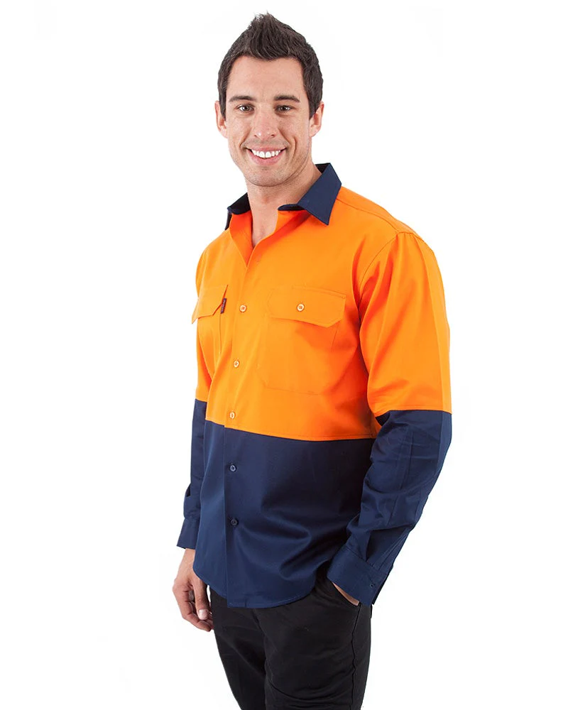 Hi Vis Cool Breeze Cotton Drill Shirt LS - Orange/Navy - Image 2