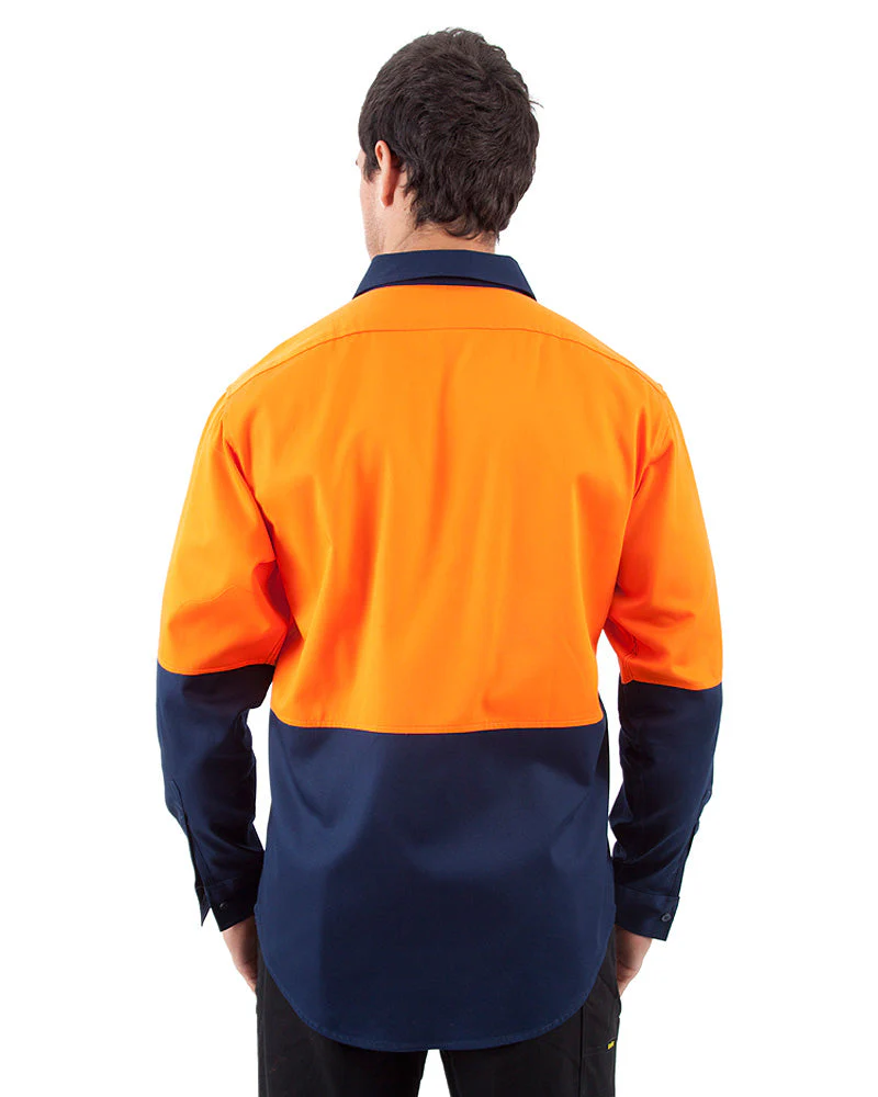 Hi Vis Cool Breeze Cotton Drill Shirt LS - Orange/Navy - Image 3