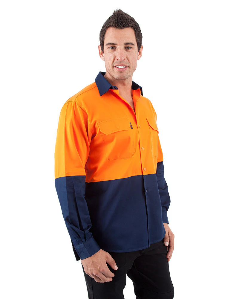 Hi Vis Cool Breeze Cotton Drill Shirt LS - Orange/Navy - Image 4