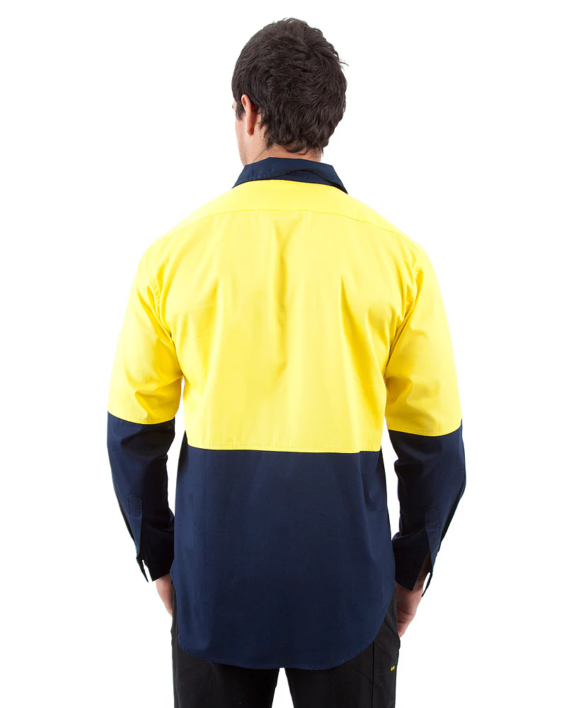 Hi Vis Cool Breeze Cotton Drill Shirt LS - Yellow/Navy - Image 3