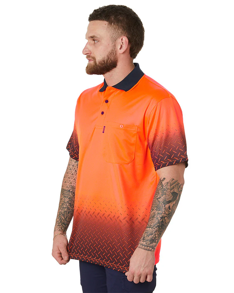 Hi Vis Sublimated Diamond Plate Polo - Orange/Navy - Image 3