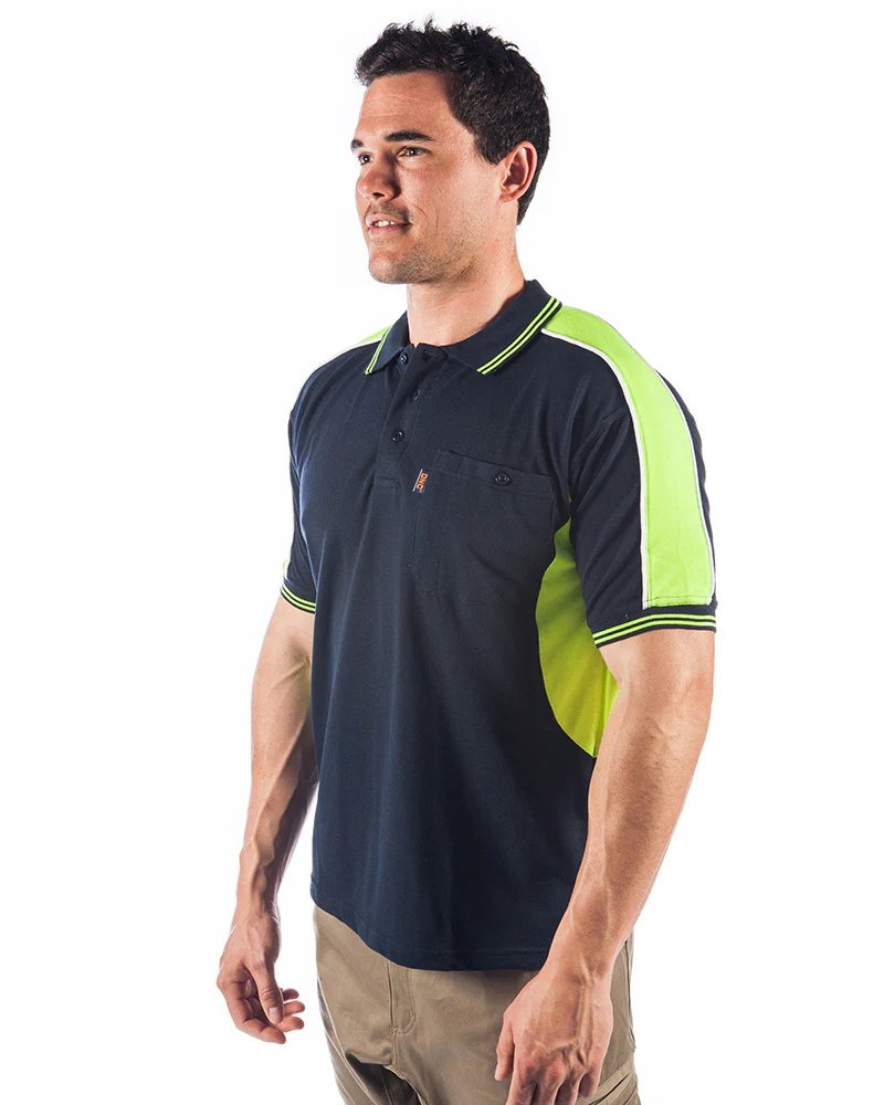 Polyester Cotton Panel Polo Shirt Short Sleeve - Navy/Yellow - Image 2
