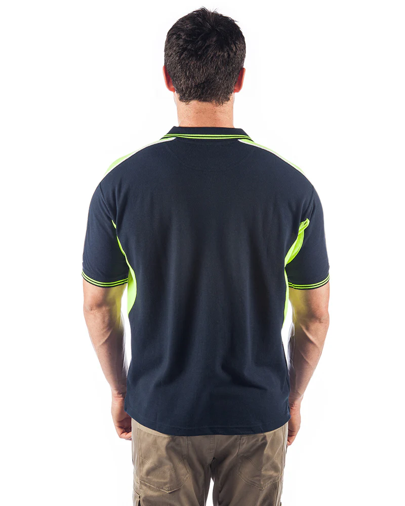 Polyester Cotton Panel Polo Shirt Short Sleeve - Navy/Yellow - Image 3