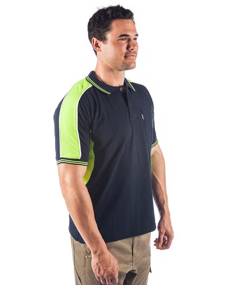 Polyester Cotton Panel Polo Shirt Short Sleeve - Navy/Yellow - Image 4
