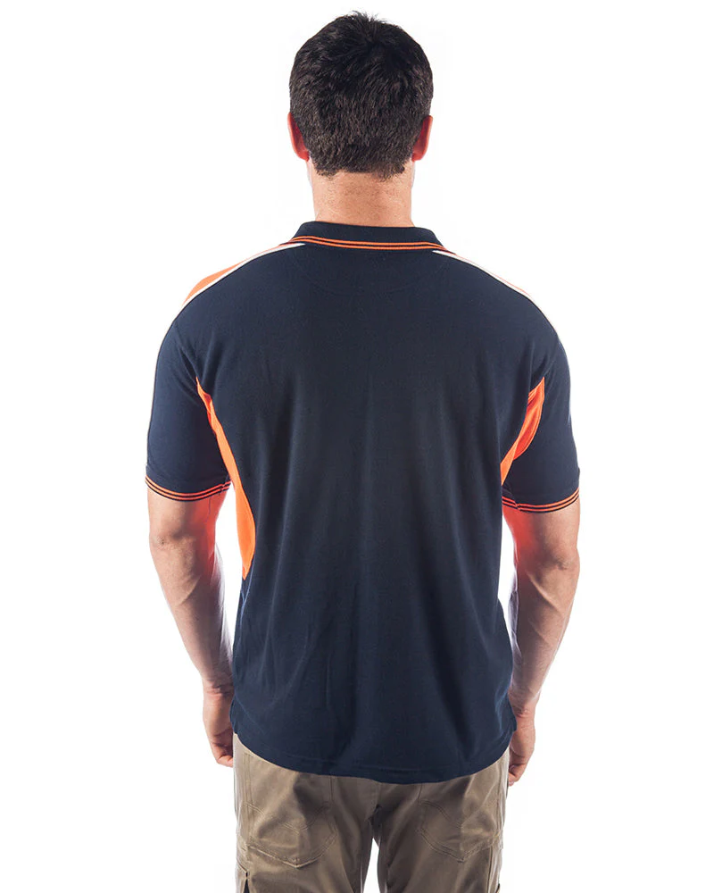 Polyester Cotton Panel Polo Shirt Short Sleeve - Navy/Orange - Image 3