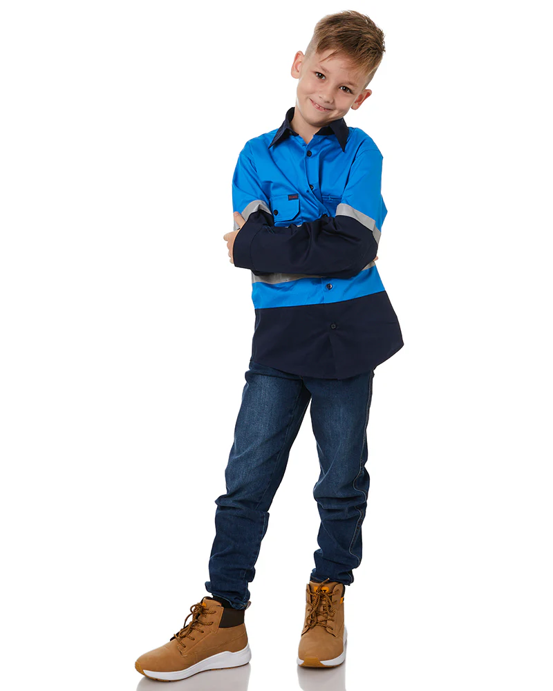 Hi Vis 2 Tone Open Front Kids Shirt - Blue/Navy - Image 2