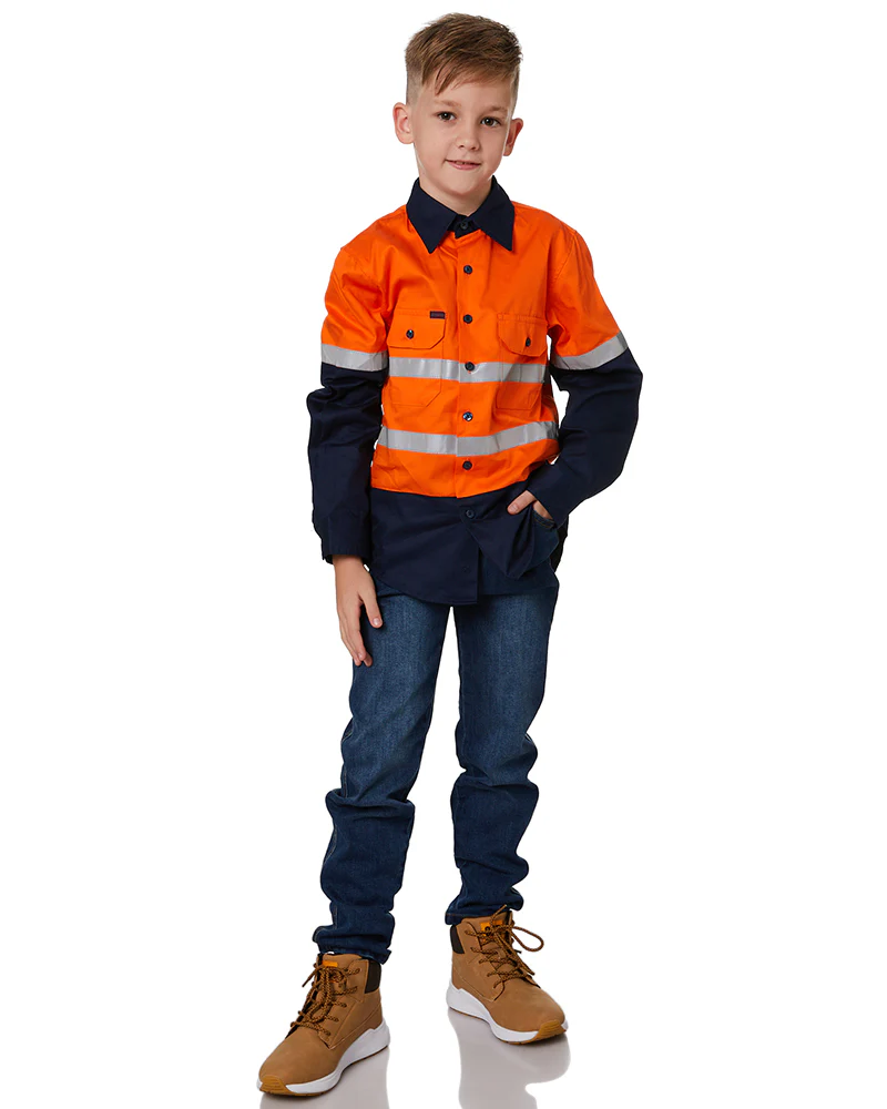 Hi Vis 2 Tone Open Front Kids Shirt - Orange/Navy - Image 2