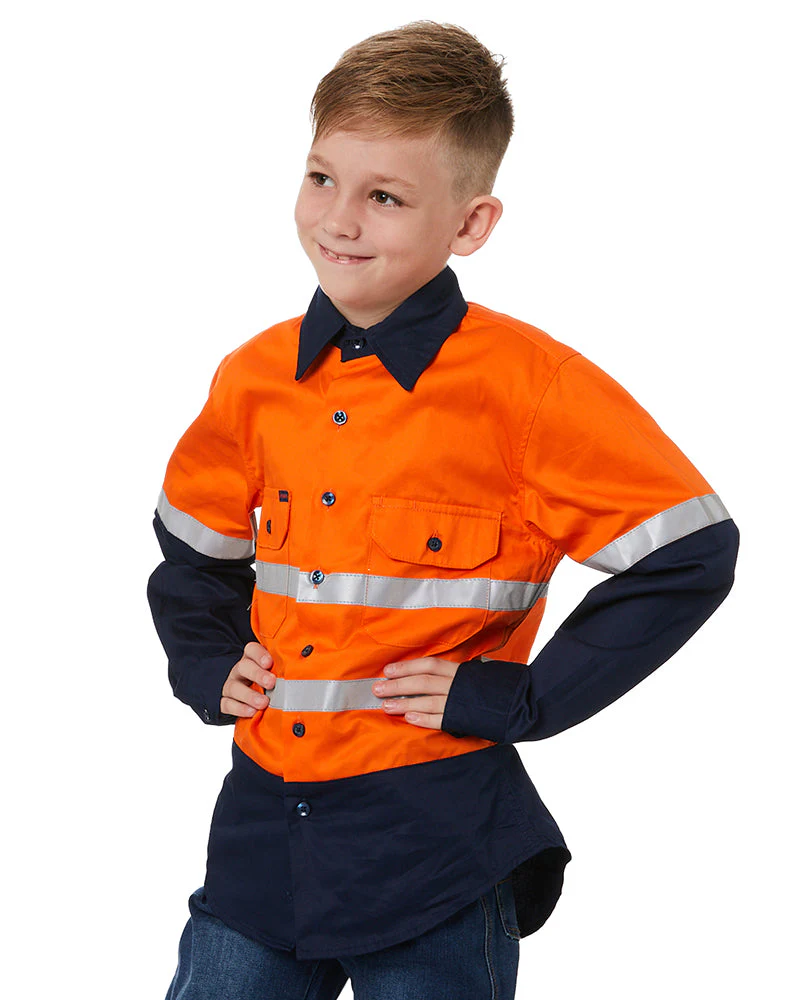 Hi Vis 2 Tone Open Front Kids Shirt - Orange/Navy - Image 3
