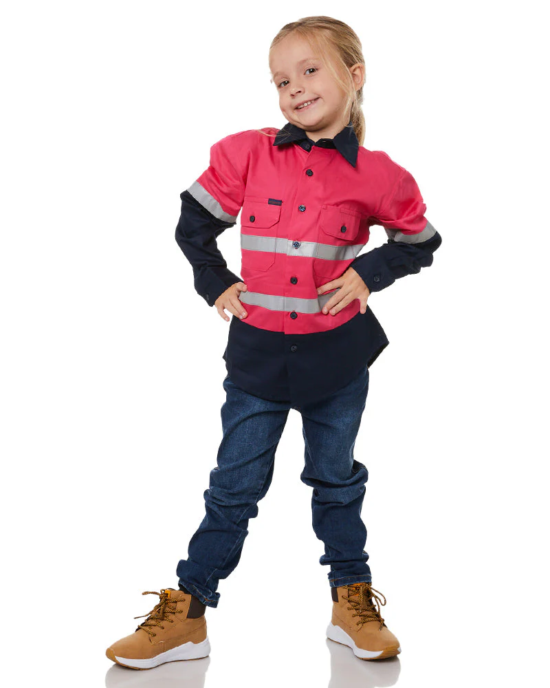 Hi Vis 2 Tone Open Front Kids Shirt - Pink/Navy - Image 2