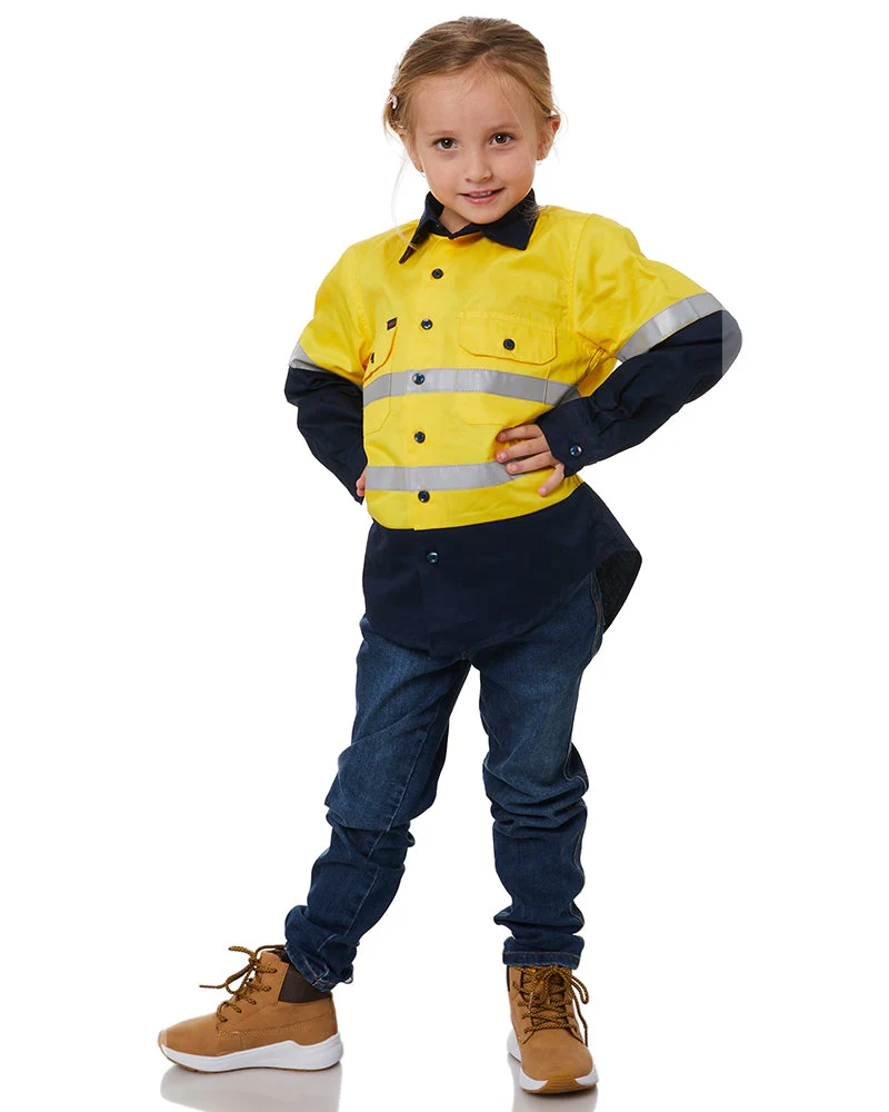Hi Vis 2 Tone Open Front Kids Shirt - Yellow/Navy - Image 2